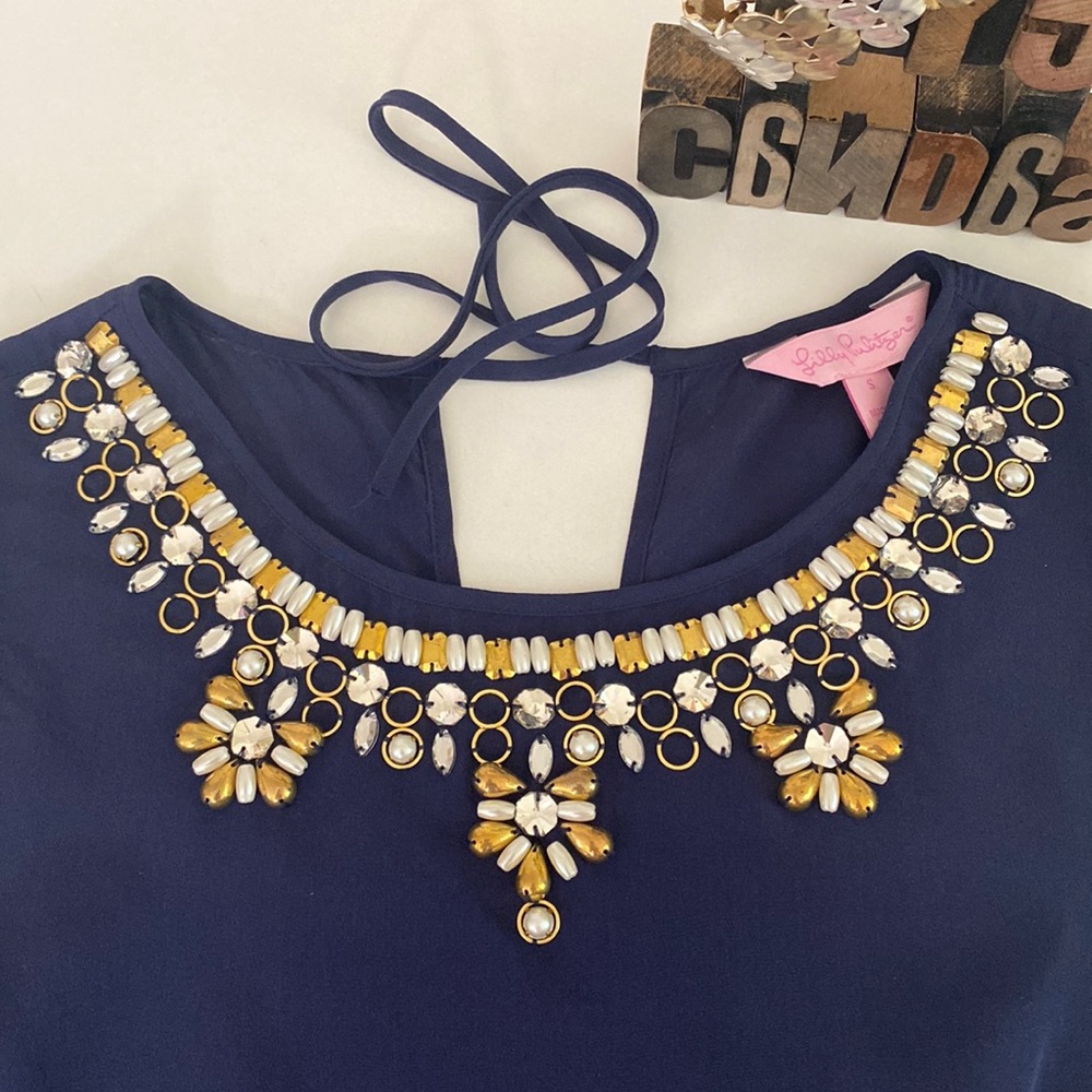 🌴LILLY PULITZER ‘Havana’ Embellished Silk Top in Navy - Picture 5 of 10